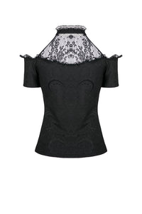 Gothic off-the-shoulder patterned T-shirt with lace and button row on top TW168 - Gothlolibeauty