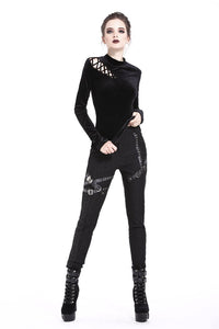 Punk side lace-up korean velvet T-shirt TW177 - Gothlolibeauty