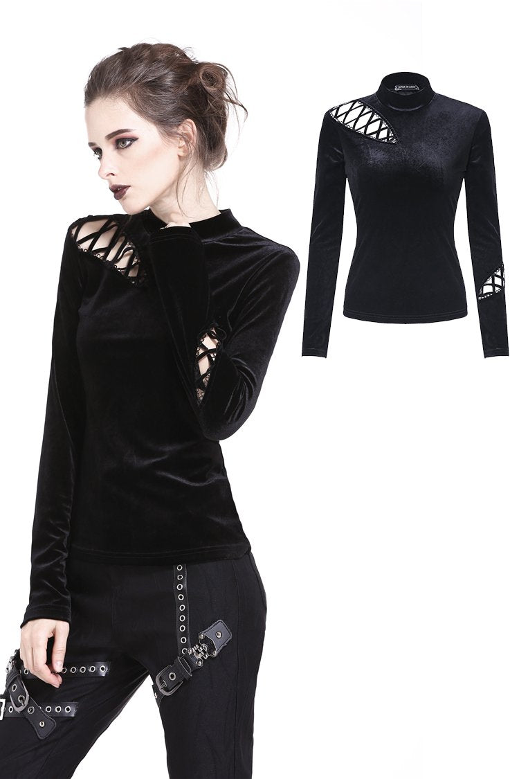 Punk side lace-up korean velvet T-shirt TW177 - Gothlolibeauty