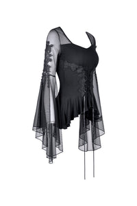 Gothic lace up T-shirt with big mesh flower sleeves TW219 - Gothlolibeauty