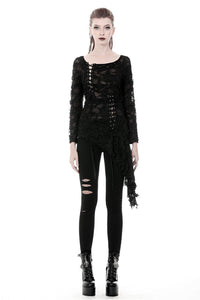 Punk skull back sexy lace-up front ragged T-shirt TW243 - Gothlolibeauty