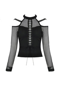 Punk lace-up front off-shoulders T-shirt with net long sleeves TW245 - Gothlolibeauty