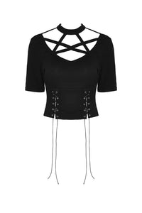 Punk women star hollow chest lace up T-shirt TW274 - Gothlolibeauty