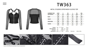 Metal studded zipper mesh sleeves top TW363