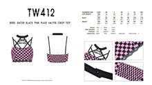 Load image into Gallery viewer, Rebel racer black pink plaid halter crop top TW412
