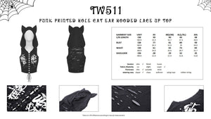 Punk printed hole cat ear hooded lace up top TW511